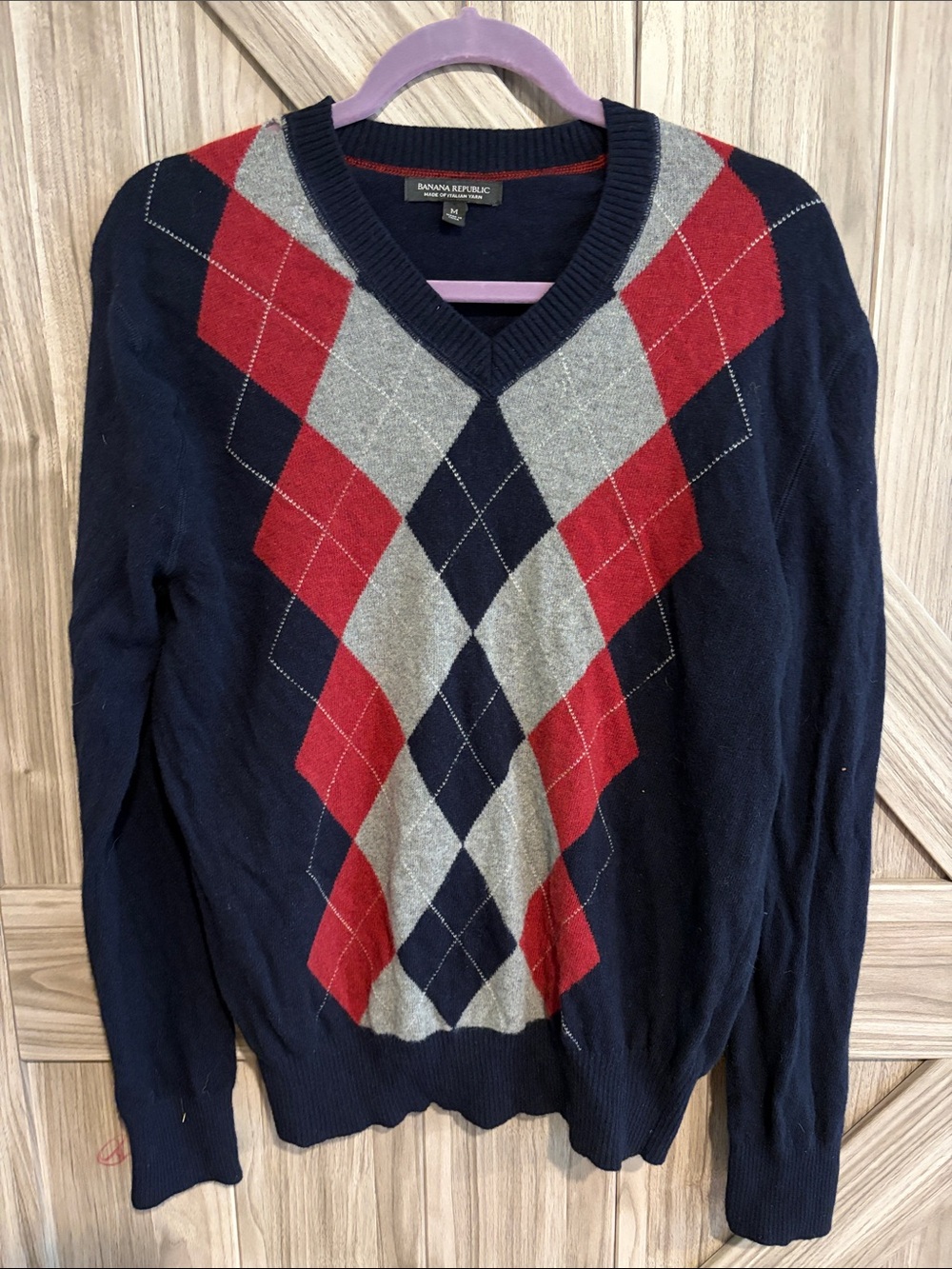 Banana Republic Navy V-Neck Sweater with Red and Gray Argyle
